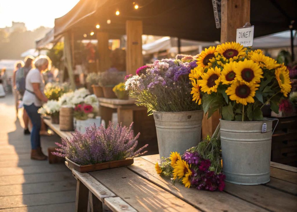 A busy outdoor farmer's market stall filled with fresh colorful flower bundles in buckets — sunflowers, lavender, and daisies — displayed on a rustic wooden table in warm morning sunlight, shallow depth of field, lifestyle photography style.