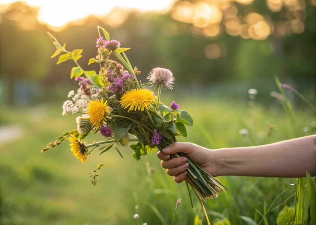 A hand holding a loose bouquet of wildflowers — dandelions, clover, and small purple flowers — freshly picked from a sunlit backyard garden, with soft green bokeh background, warm golden hour lighting, close-up lifestyle photo.