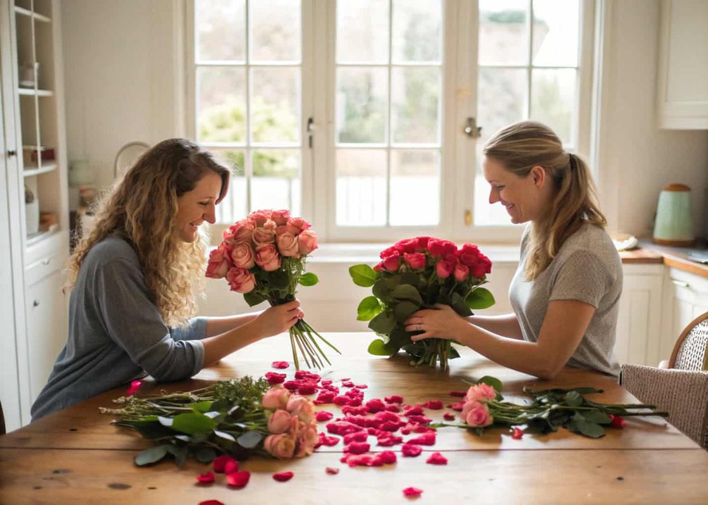 Two friends at a kitchen table dividing a large bunch of fresh roses into two separate bouquets, surrounded by loose petals and green leaves, bright natural window light, candid lifestyle photography, warm tones.