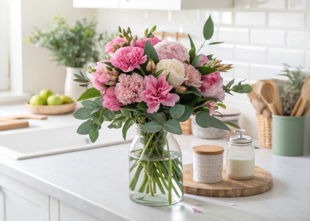 A beautiful mixed bouquet of grocery store carnations and pink alstroemeria combined with fresh eucalyptus and green leaves, arranged in a simple glass jar on a white kitchen counter, soft diffused natural light, clean editorial style.
