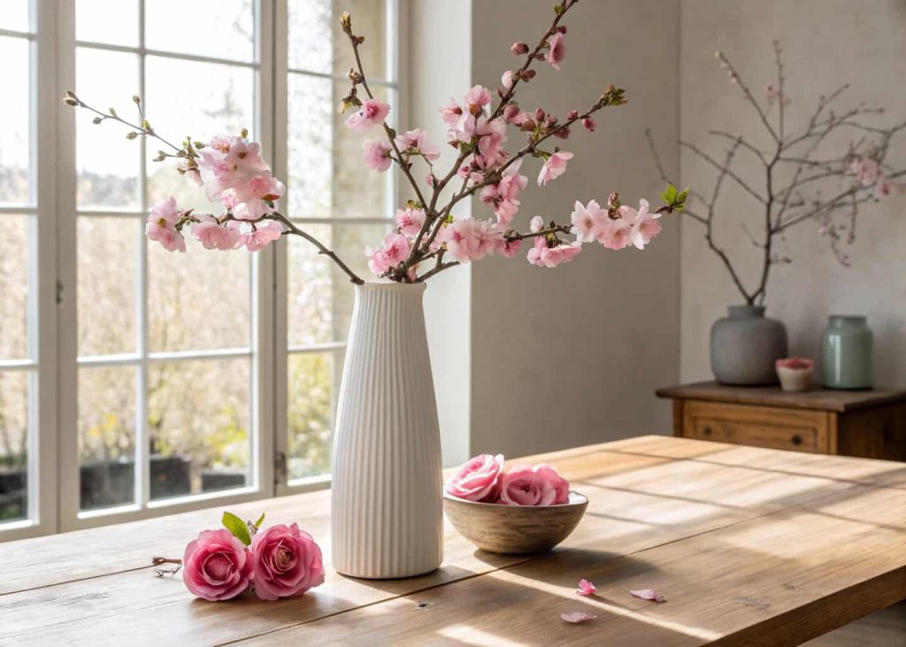 A tall ceramic vase holding dramatic flowering cherry blossom branches with a few pink roses at the base, placed on a wooden dining table near a sunny window, minimalist Japandi interior style, soft editorial photography.