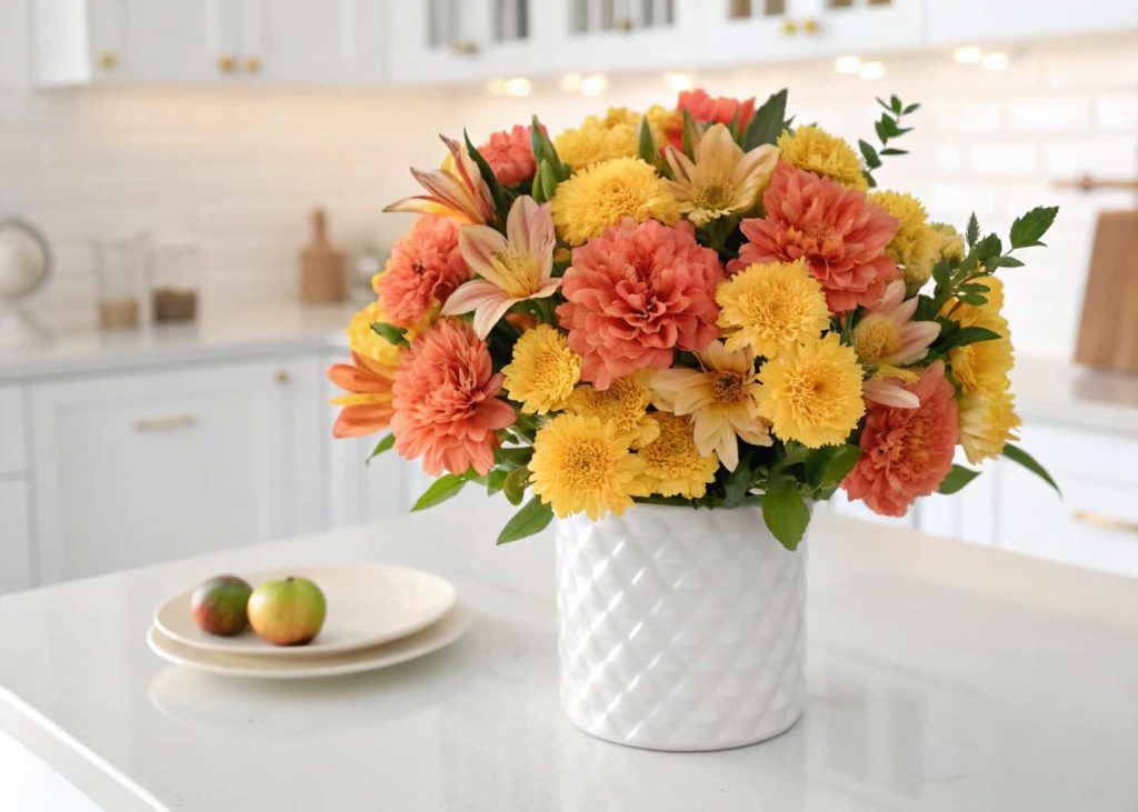 A vibrant bouquet of long-lasting flowers — carnations, chrysanthemums, and alstroemeria in warm coral and yellow tones — displayed in a simple white ceramic vase on a bright countertop, cheerful and fresh lifestyle photography.
