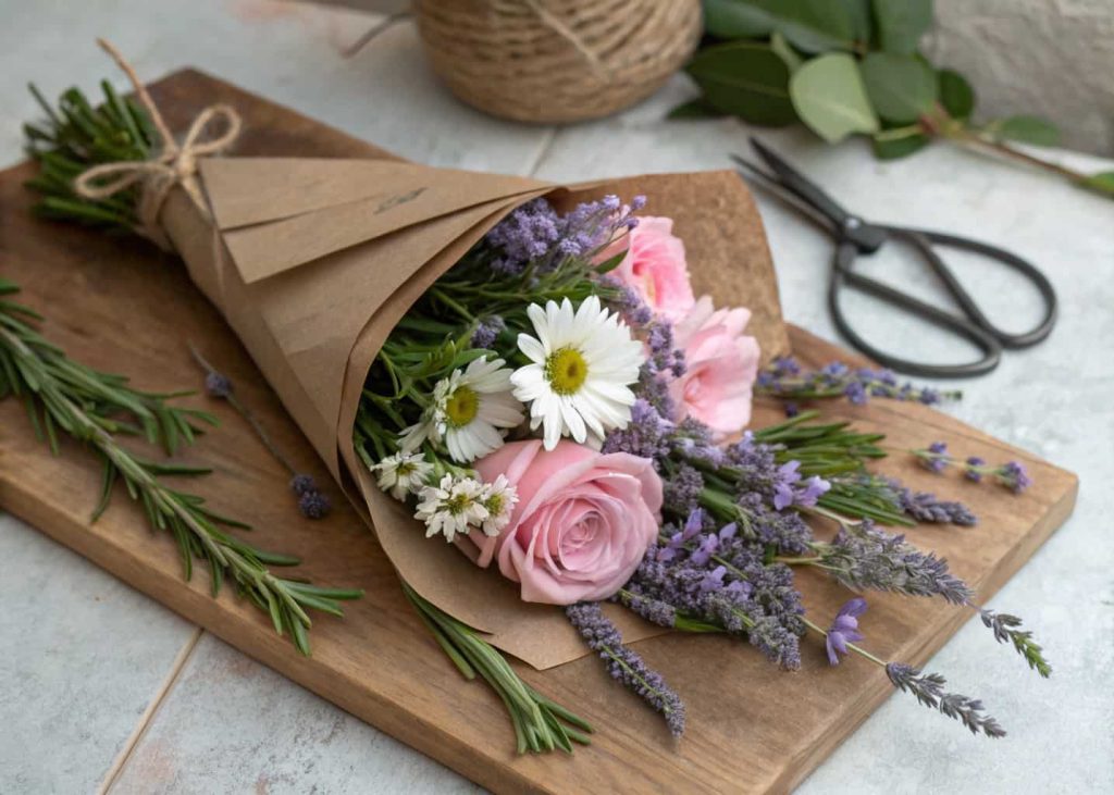 A hand-tied bouquet featuring lavender sprigs, rosemary branches, and fresh mint mixed with soft pink roses and white daisies, wrapped in kraft paper, placed on a wooden board with garden scissors nearby, rustic editorial style.