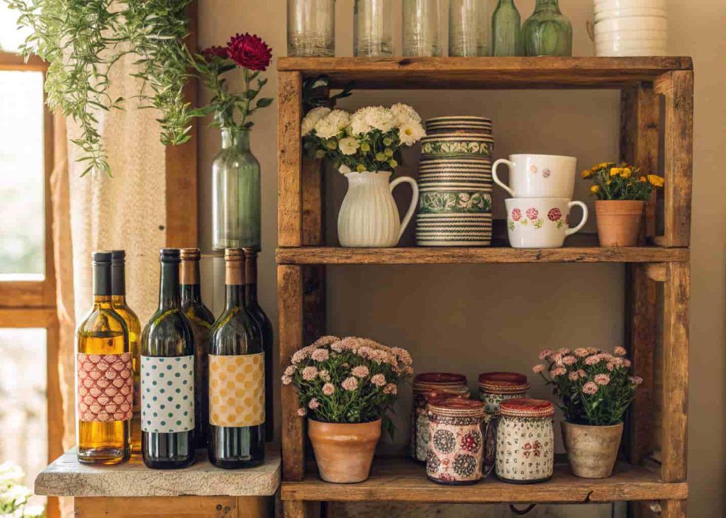 A collection of mismatched household containers — wine bottles, mason jars, and ceramic mugs — each holding small fresh flower clusters on a wooden shelf, warm bohemian home decor style, soft natural lighting, lifestyle photography.