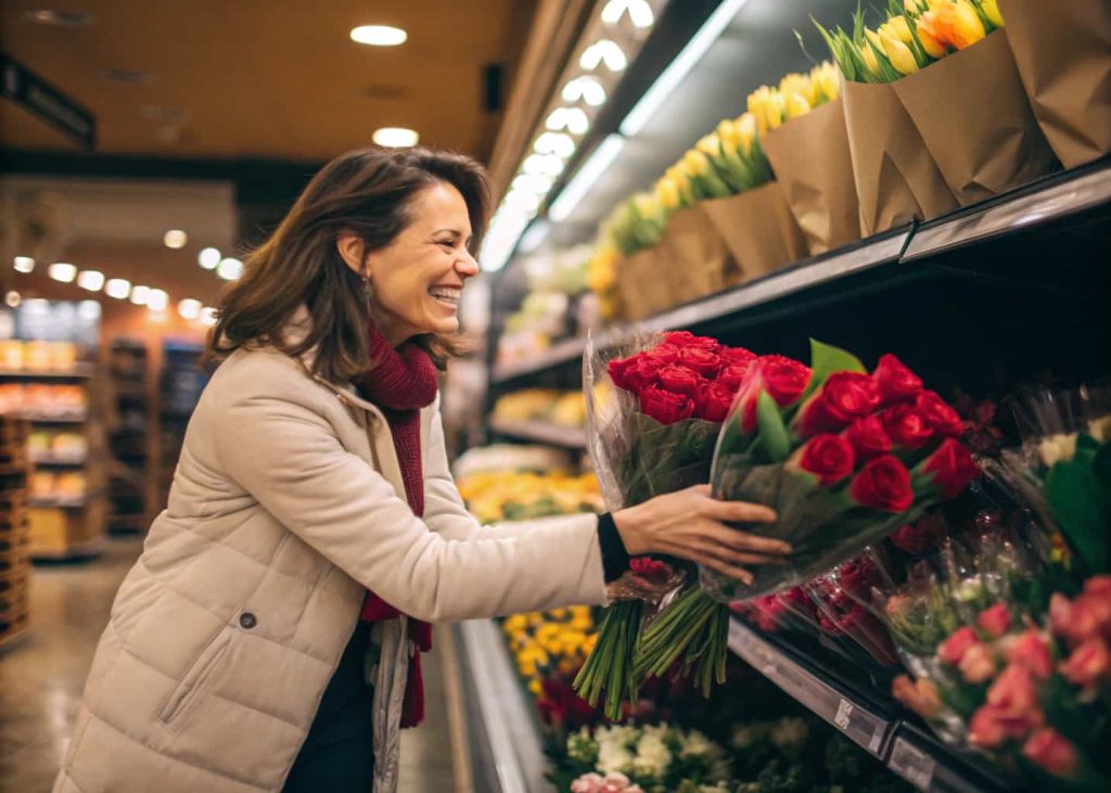 A smiling woman picking up discounted flower bundles from a grocery store floral clearance shelf the day after Valentine's Day, colorful roses and tulips visible, warm store lighting, candid lifestyle photography style.