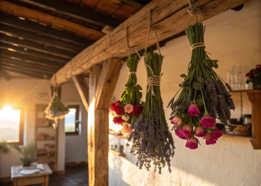 Bundles of roses and lavender hanging upside down to dry from a wooden ceiling beam in a bright rustic cottage interior, golden afternoon light, soft focus background, lifestyle photography with warm earthy tones.