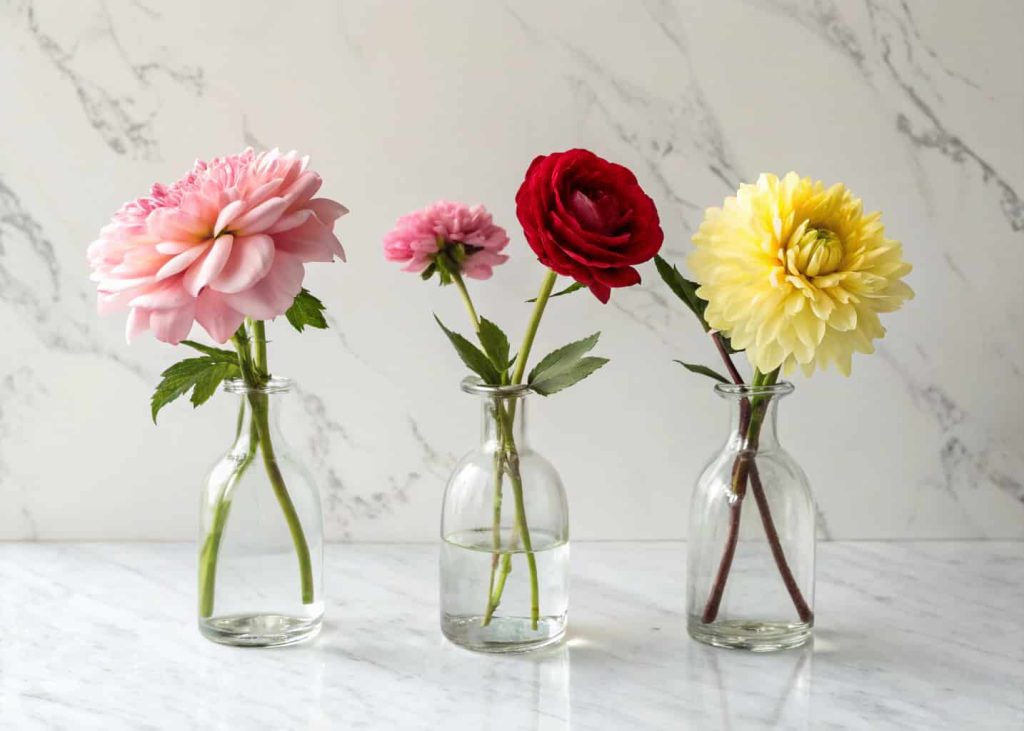 Three small glass bud vases each holding a single different flower — a pale pink peony, a red rose, and a yellow dahlia — arranged in a row on a marble kitchen counter, minimal clean aesthetic, soft natural light, editorial photography.