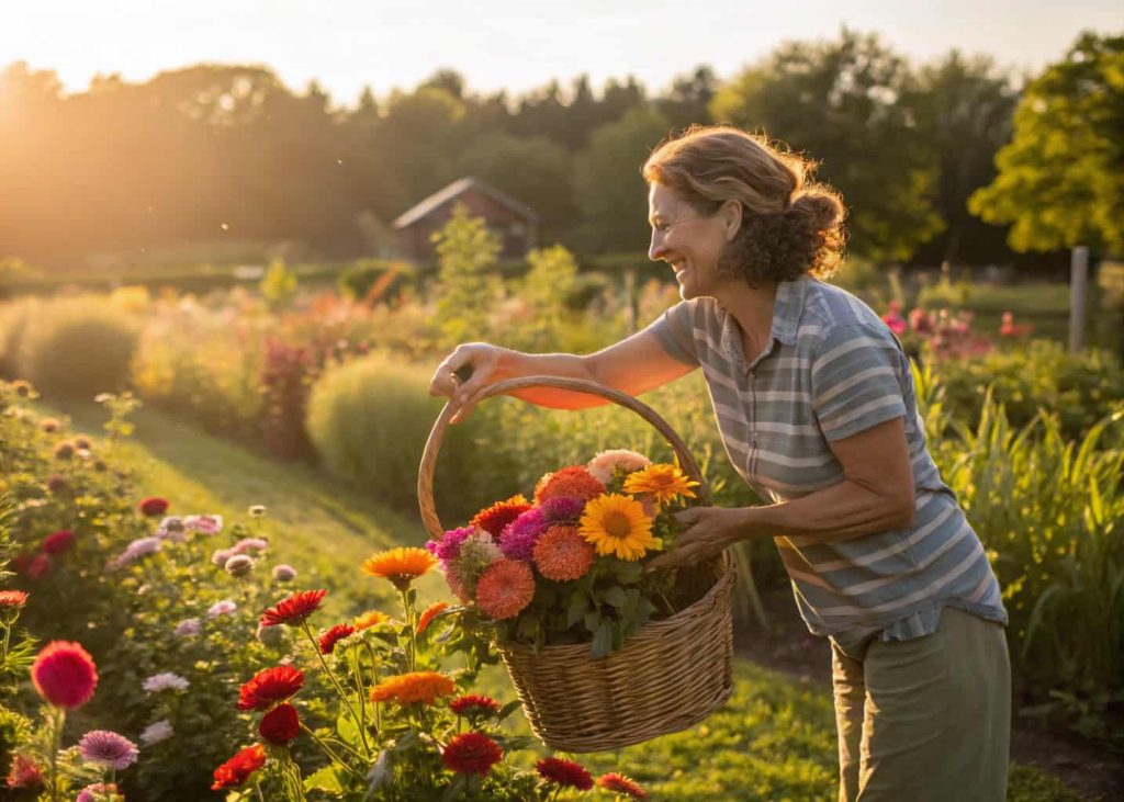 A woman cutting vibrant zinnias and cosmos from a lush colorful backyard cutting garden on a sunny summer morning, basket of freshly cut blooms in her arm, golden warm light, lifestyle garden photography, joyful and natural atmosphere.