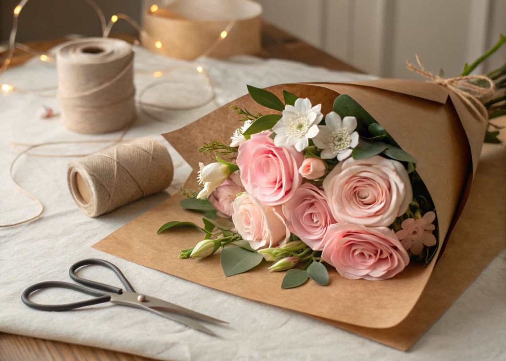 A charming mixed bouquet combining fresh real flowers with handmade pale pink crepe paper roses and white tissue paper blossoms, wrapped in brown kraft paper on a crafting table with scissors and ribbon nearby, warm crafty studio lighting.