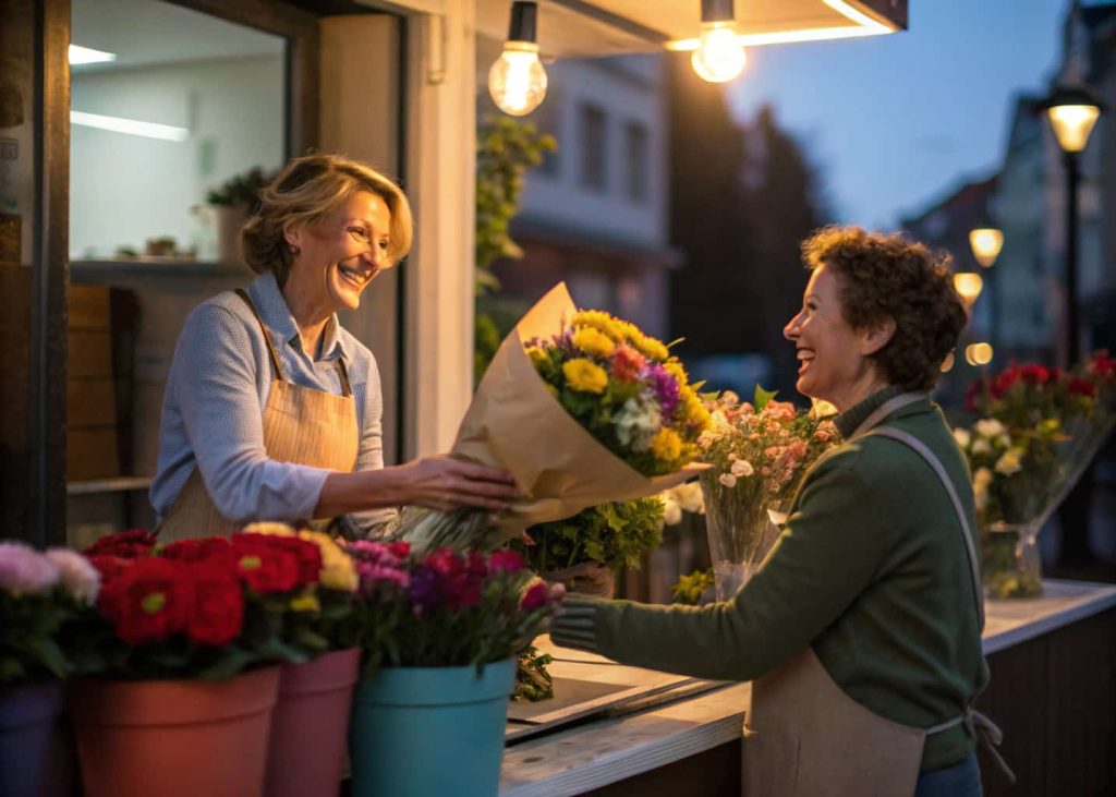 A friendly florist handing a large bundle of mixed leftover flowers to a happy customer at the shop counter late in the afternoon, warm indoor lighting, colorful blooms visible in buckets in the background, candid and warm lifestyle photography.
