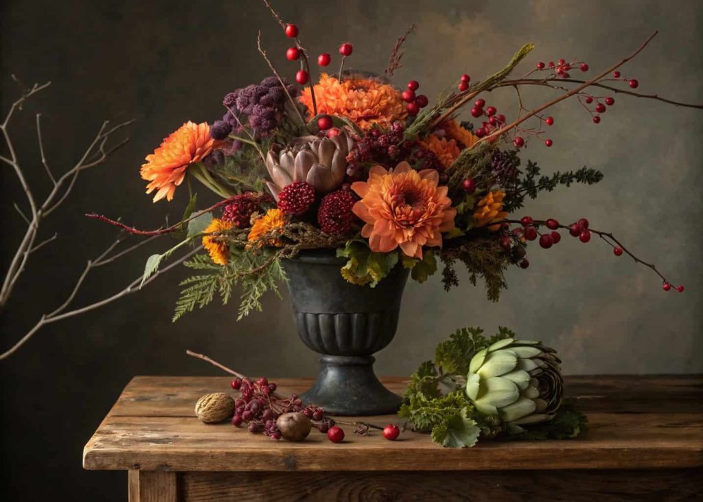 A dramatic autumn bouquet featuring orange and burgundy flowers combined with red berry branches, small artichokes, and ornamental kale, arranged in a dark ceramic vase on a rustic wooden table, moody editorial floral photography, rich warm tones.