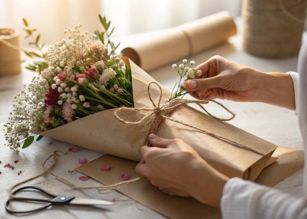 Close-up of hands carefully wrapping a mixed bouquet in natural brown kraft paper and tying it with a simple jute twine bow, soft blurred background with warm natural light, elegant and handcrafted lifestyle photography, warm minimal tones.