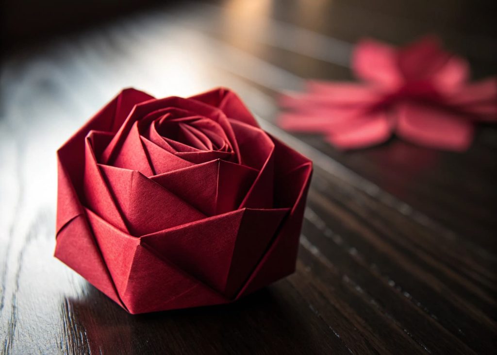 :A beautifully folded Kawasaki origami rose in deep red paper, placed on a dark wooden surface, close-up shot, soft bokeh background, dramatic side lighting, elegant and artistic mood.