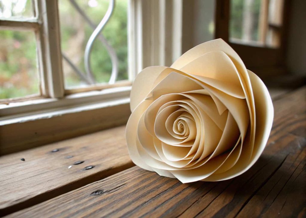 A delicate spiral paper rose made from cream-colored cardstock, gently unfurled, resting on a wooden table, macro photography style, soft natural window light, vintage romantic mood.