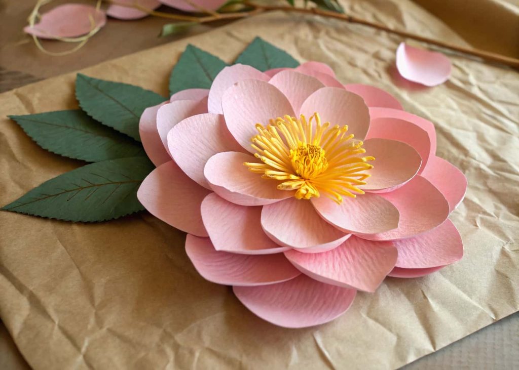 A handcrafted cupped petal paper flower in soft pink, petals curled gently outward revealing a yellow center, arranged on a rustic kraft paper background, warm golden-hour lighting, botanical feel.