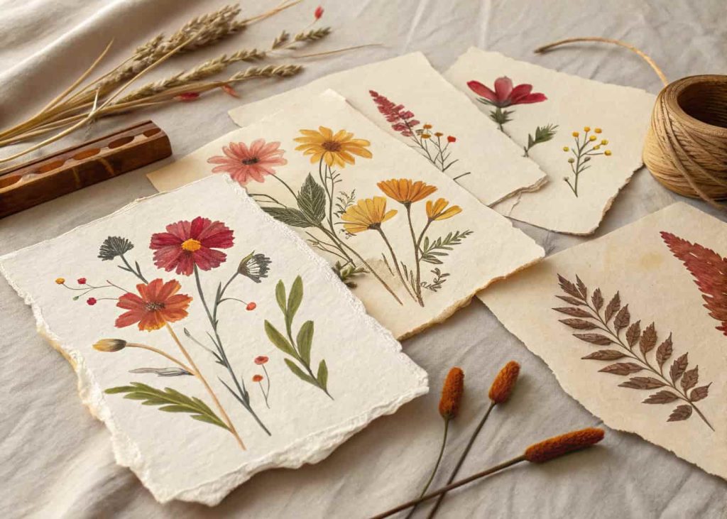 Loose torn paper wildflowers in earthy red, orange, and yellow tones on a cream linen background, scattered naturally, rustic handmade craft aesthetic, warm afternoon light, textured and organic feel.