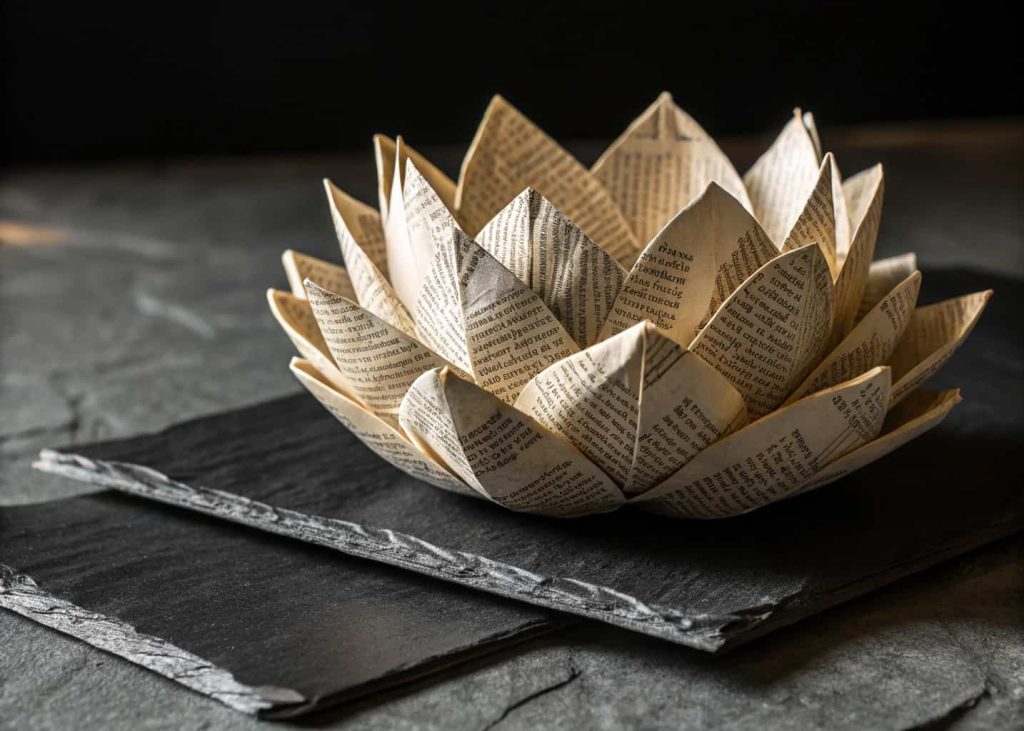 A layered origami lotus flower folded from old newspaper pages, placed on a dark slate surface, multiple petal layers visible, dramatic top-down lighting, artistic and editorial photography style.