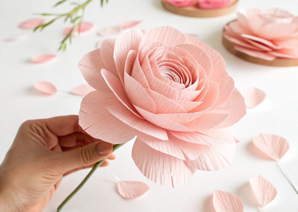A soft and romantic crepe paper flower in blush pink, petals delicately stretched and cupped, held against a white background, close-up lifestyle photography, soft studio light, dreamy and feminine atmosphere.