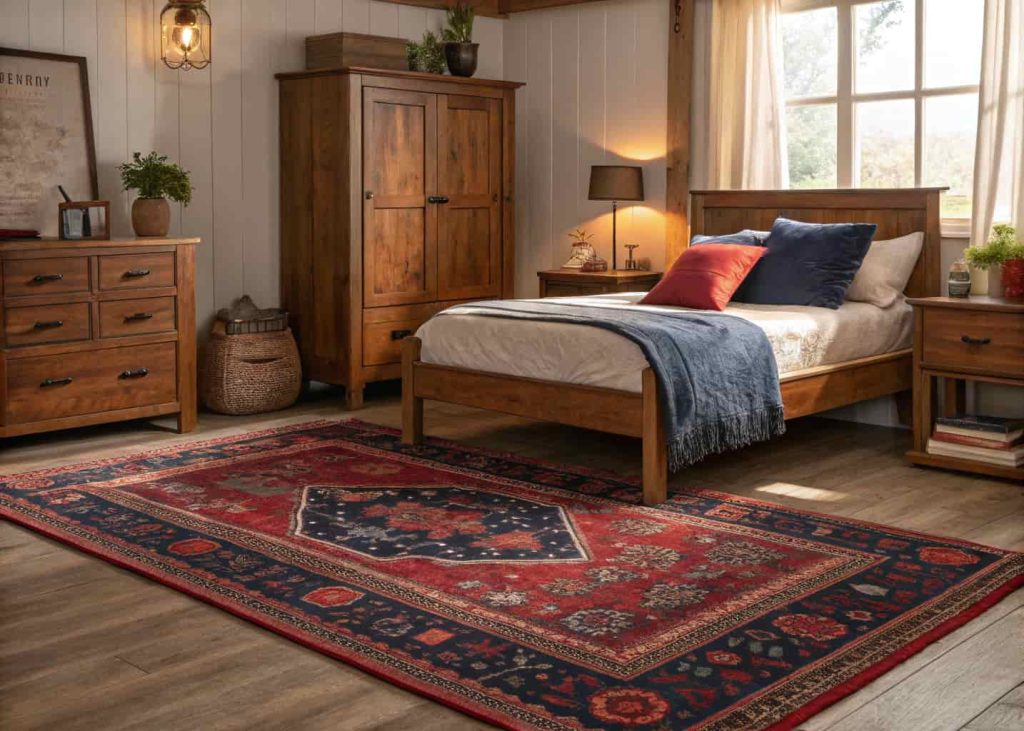 Vintage Persian-style rug in deep red and navy tones in a cozy eclectic bedroom