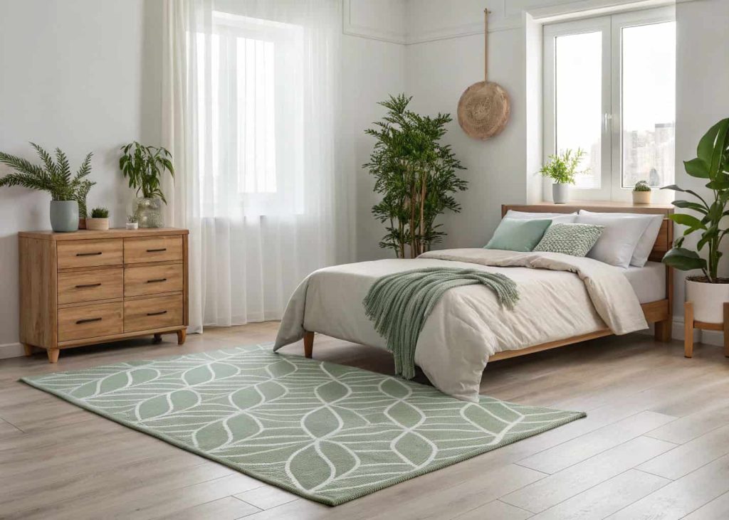 Sage green abstract rug in a calm modern bedroom with natural wood and linen accents