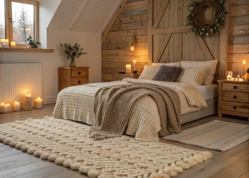 Chunky knit cream wool rug beside a bed in a warm cozy hygge-style bedroom