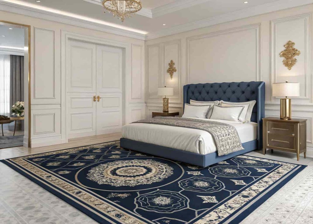 Navy blue medallion rug in an elegant bedroom with brass accents and white walls
