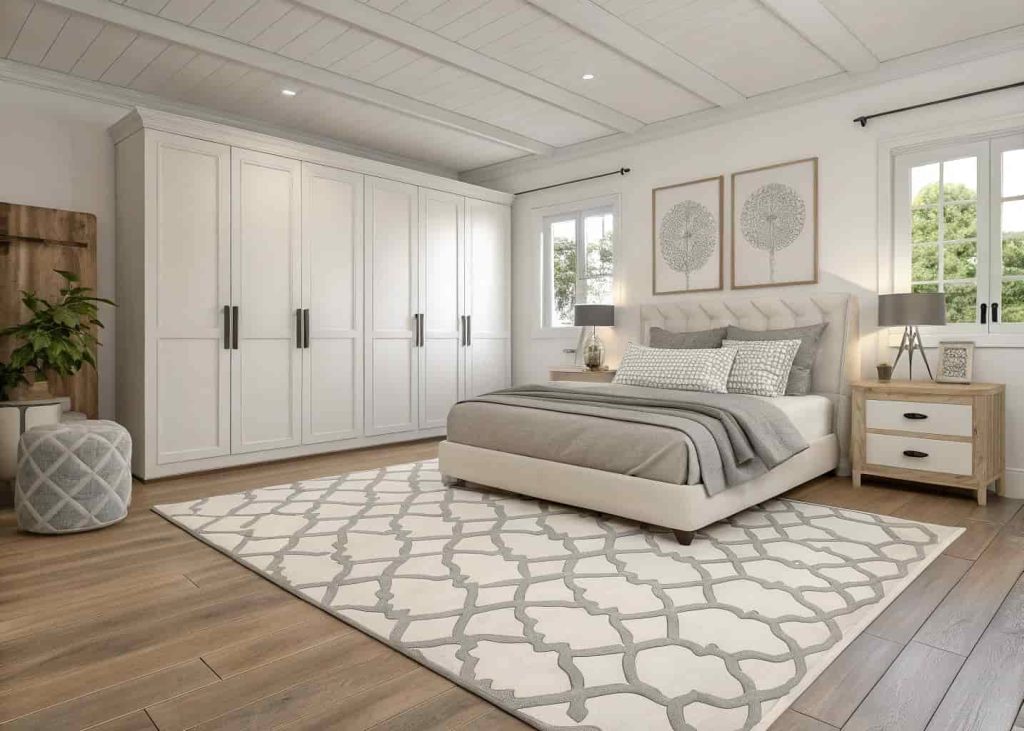 White and gray Moroccan trellis rug in a modern bedroom with light wood floors