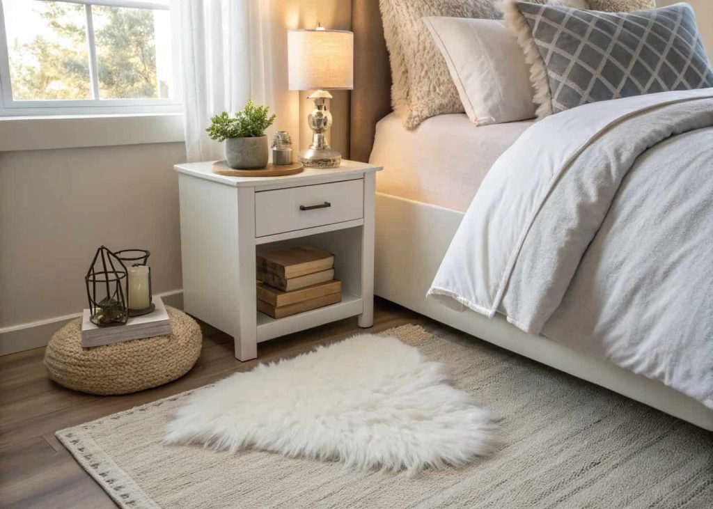 Small white faux fur accent rug beside a bed in a cozy neutral bedroom
