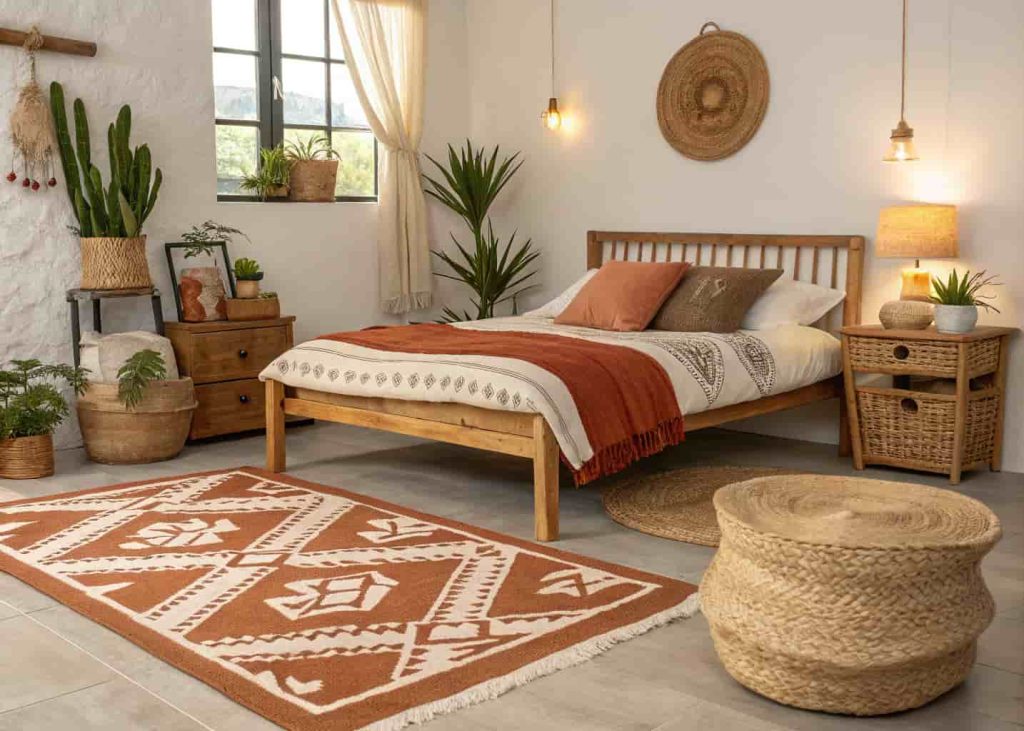 Terracotta and cream tribal rug in an earthy bedroom with wooden furniture and plants