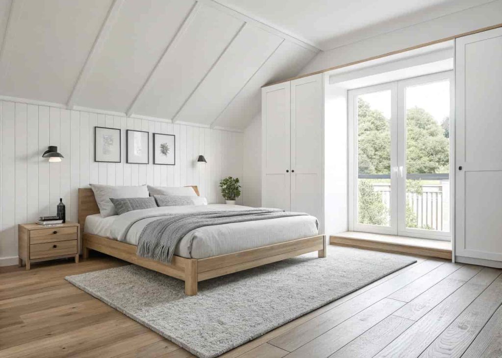 Light gray low-pile rug under a platform bed in a clean Scandinavian-style bedroom