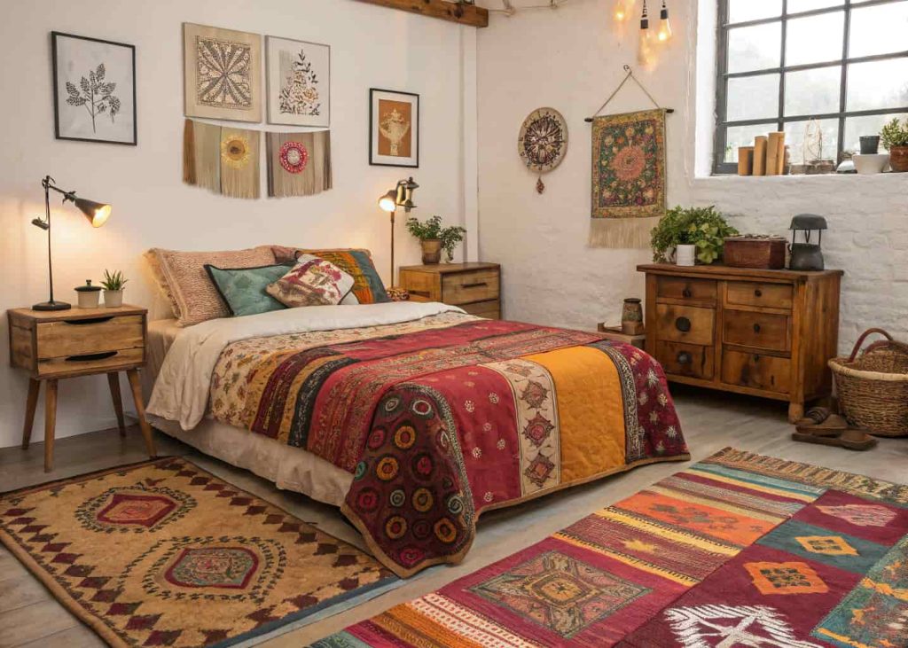 Colorful handmade patchwork rug in an eclectic bohemian bedroom with vintage furniture