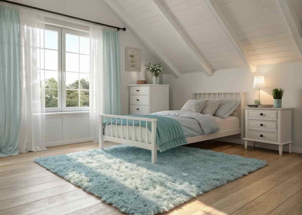 Soft sky blue shag rug placed beside a white bed in a bright, minimalist bedroom with hardwood floors and natural light