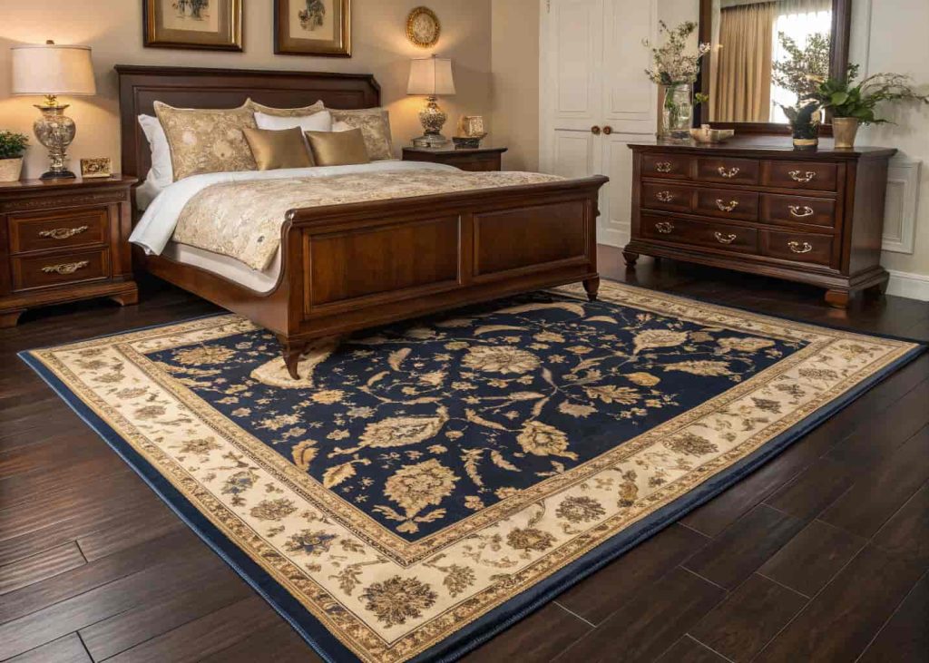 Navy blue Persian-style rug with intricate cream and gold patterns on a dark hardwood bedroom floor with traditional furniture