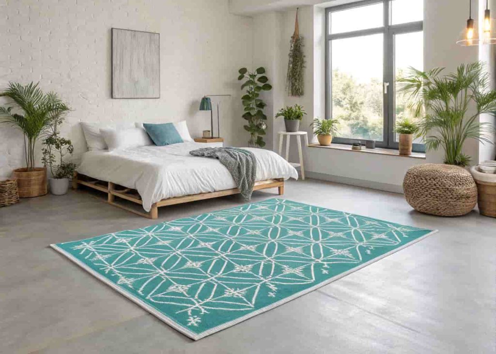 Teal geometric rug with bold diamond patterns in a modern minimalist bedroom with neutral walls and white bedding