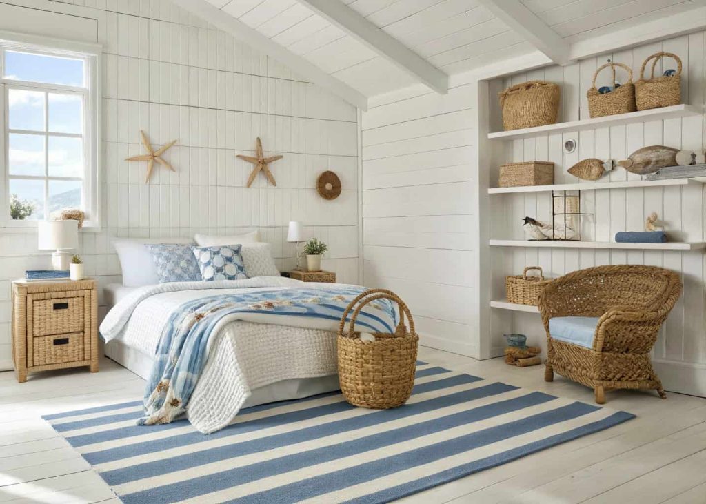 Blue and white striped coastal rug in a bright beach-themed bedroom with wicker furniture and natural light