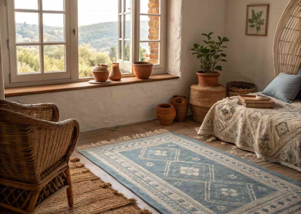 Dusty blue vintage-style rug with faded patterns in a warm earthy toned boho bedroom with rattan and clay accents