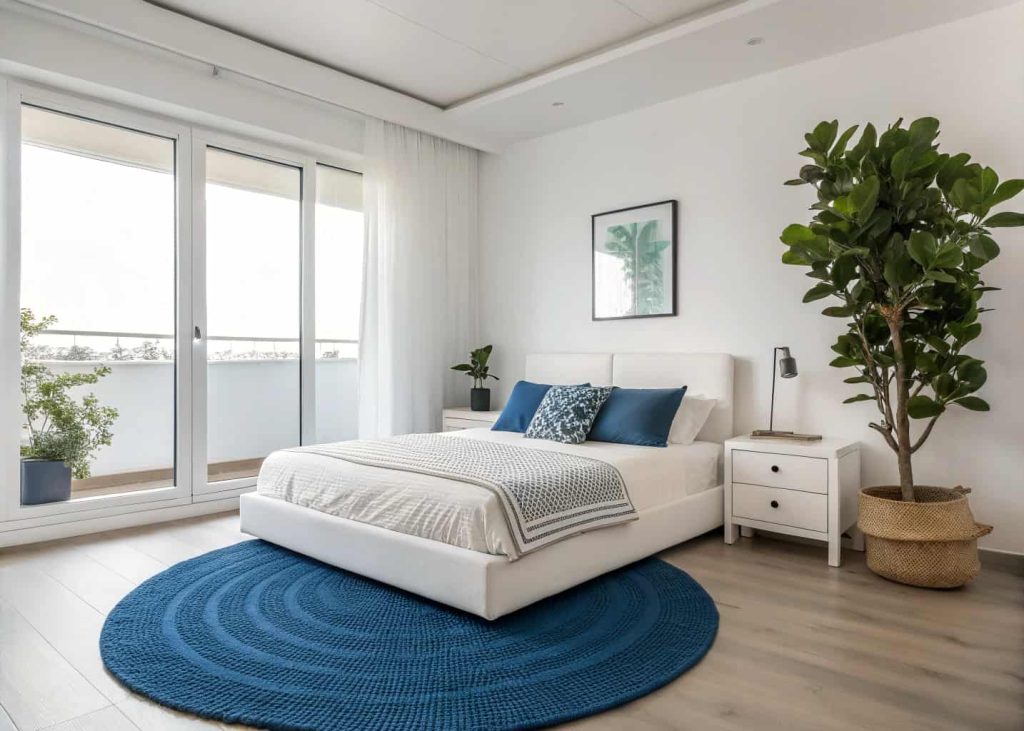 Bold cobalt blue round rug at the foot of a white platform bed in a minimal Scandinavian-style bedroom