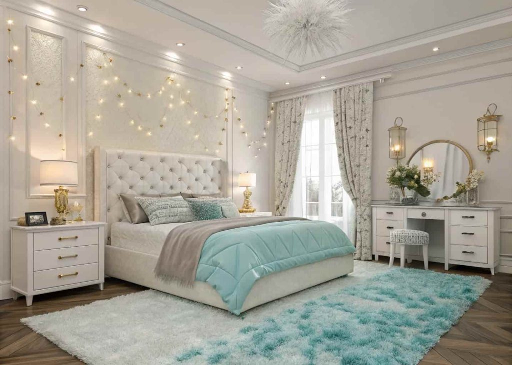 Baby blue faux fur rug in a glamorous feminine bedroom with a tufted white headboard, fairy lights, and silver decor accents
