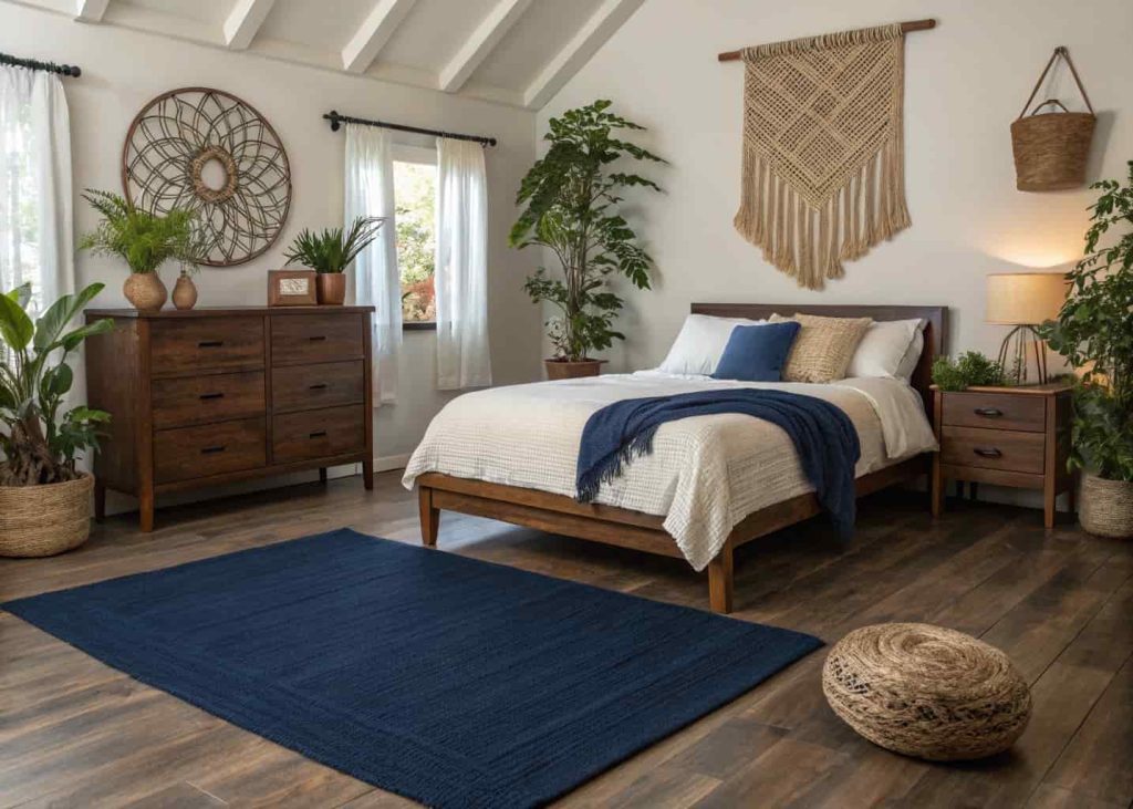 Deep indigo blue jute-blend textured rug in an earthy organic bedroom with dark wood furniture and cream linen bedding