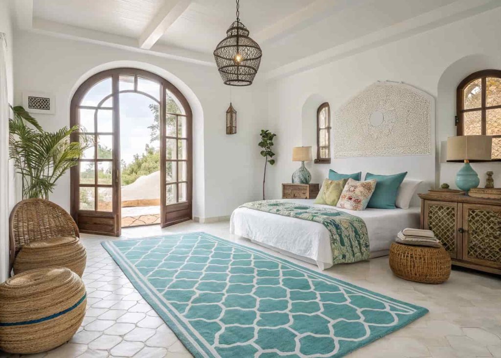 Aqua blue Moroccan trellis rug on white tile in a Mediterranean bedroom with arched doorways and hanging lanterns