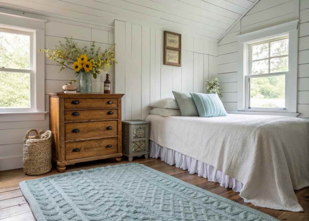 Pale blue braided cotton rug in a cozy farmhouse cottage bedroom with white shiplap walls and antique wooden furniture