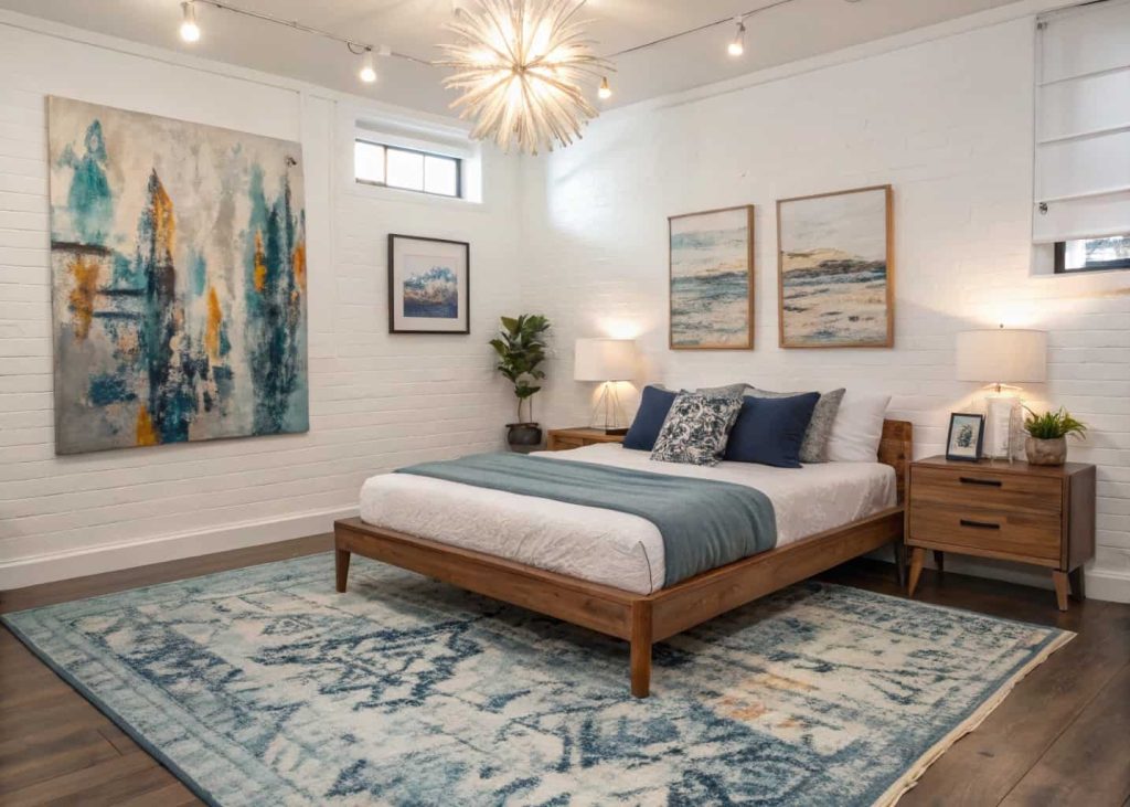 Steel blue abstract watercolor rug with soft blended tones in a creative bedroom with canvas art on white walls