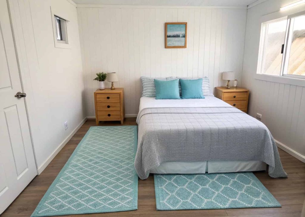 Powder blue memory foam rugs placed symmetrically on both sides of a white bed in a small, cozy, minimalist bedroom
