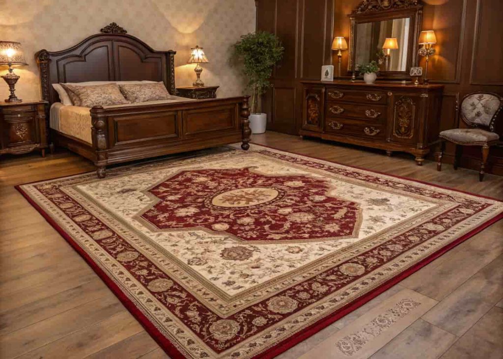 An elegant vintage bedroom featuring a large Persian-style rug in deep burgundy and cream, paired with an antique wooden bed and warm lighting.