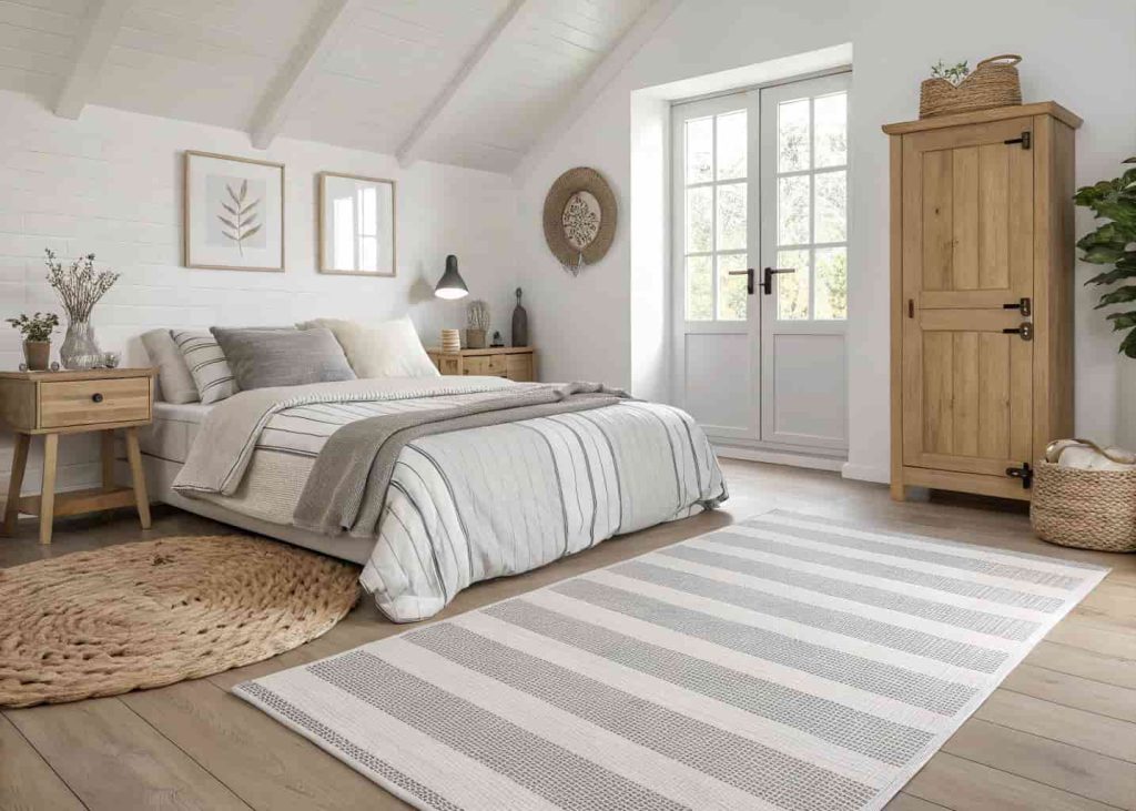 A clean modern bedroom with a soft grey and white striped flat-weave rug, minimal decor, and natural light streaming through large windows.