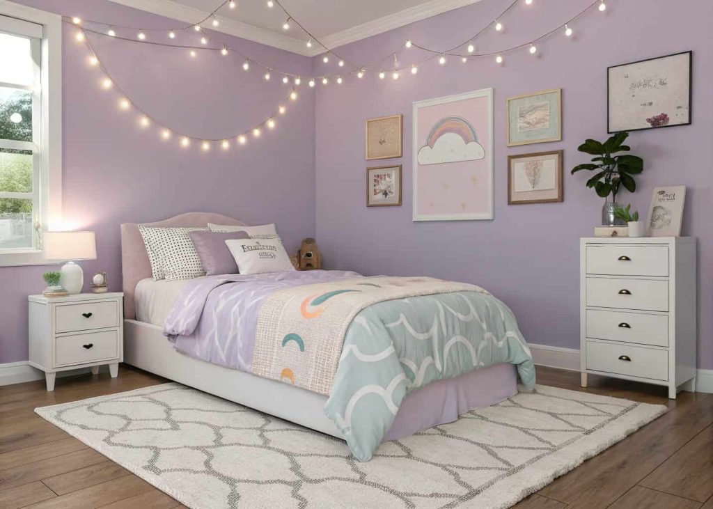 A dreamy teen bedroom with a lavender abstract art rug, pastel purple walls, fairy lights, and cloud-patterned bedding creating a cozy and whimsical vibe.