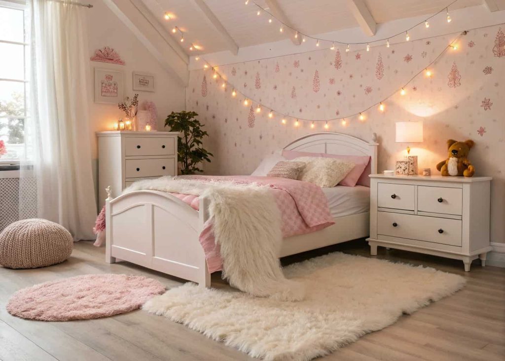 A cozy cute bedroom with a faux sheepskin rug placed beside a white bed, featuring plush textures, soft lighting, and pink accent decor.