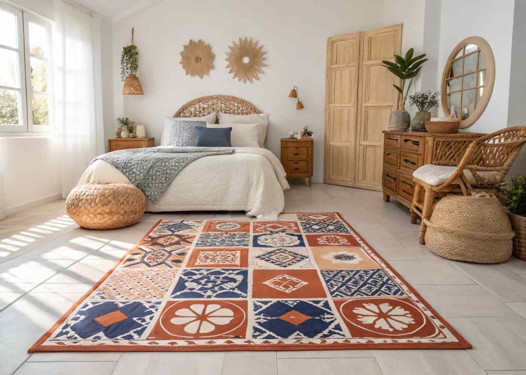 A bright bohemian bedroom with a Moroccan tile-patterned rug in terracotta and navy tones, white walls, rattan furniture, and warm afternoon sunlight.