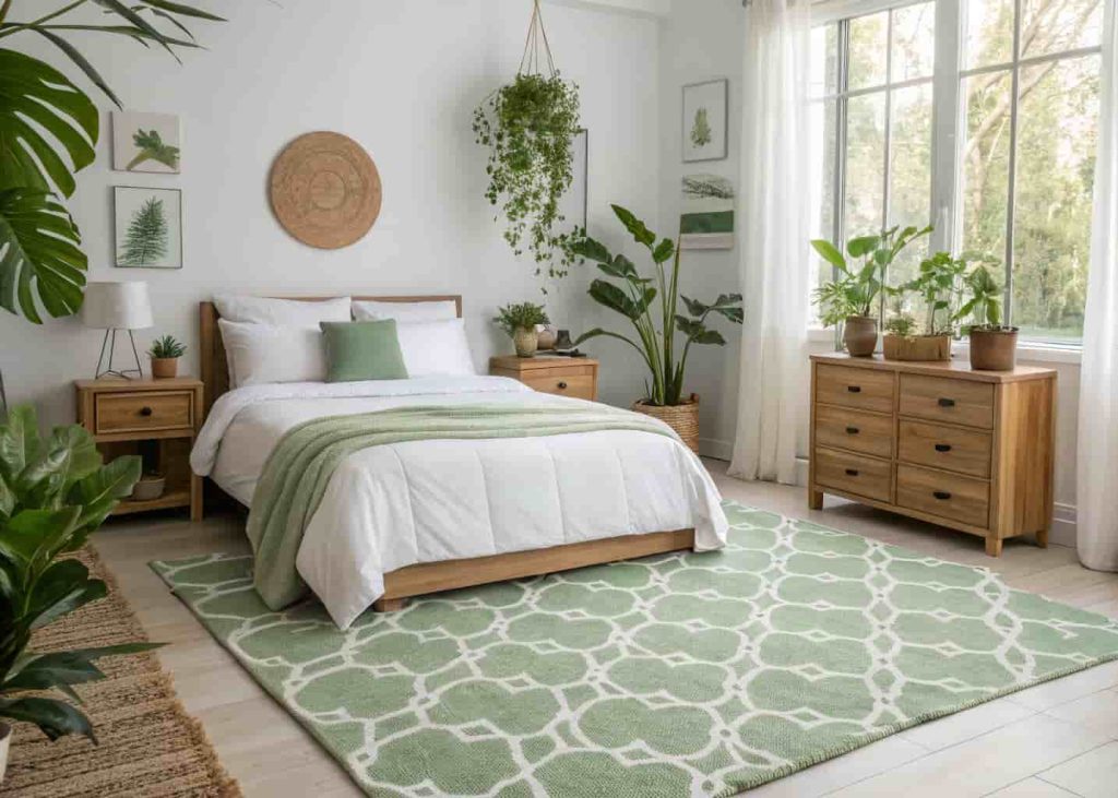 A serene nature-inspired bedroom with a sage green tufted rug, white linen bedding, houseplants, and wooden nightstands bathed in soft natural daylight.