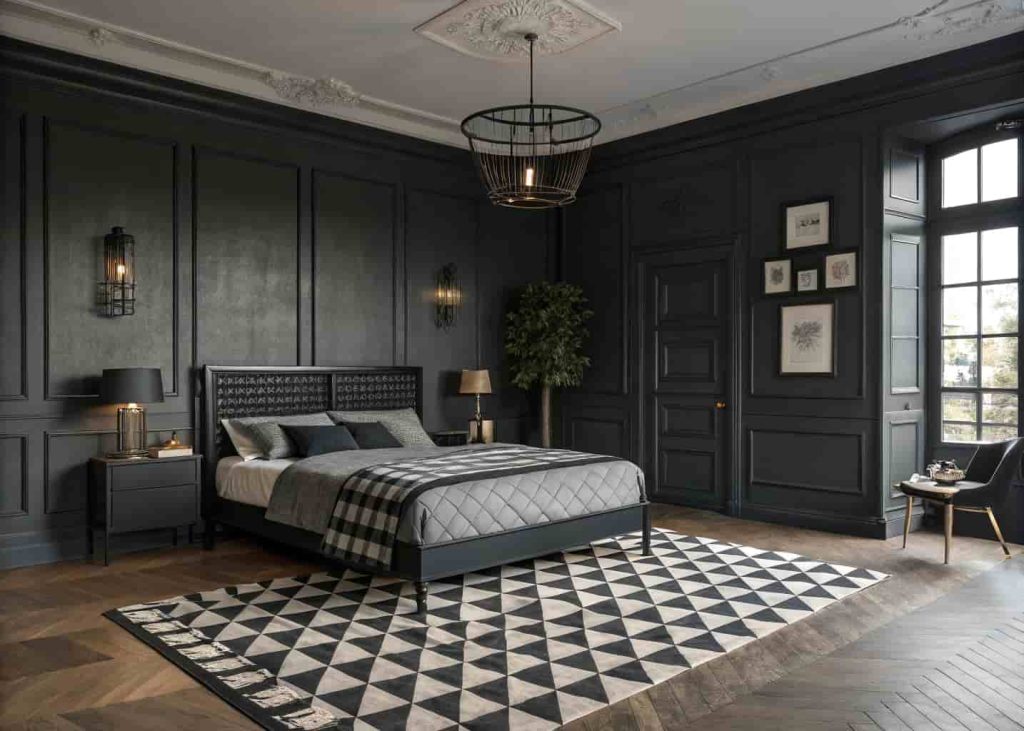 A bold moody bedroom with a black and white checkered rug, charcoal walls, black bed frame, and statement pendant lighting creating an editorial aesthetic.